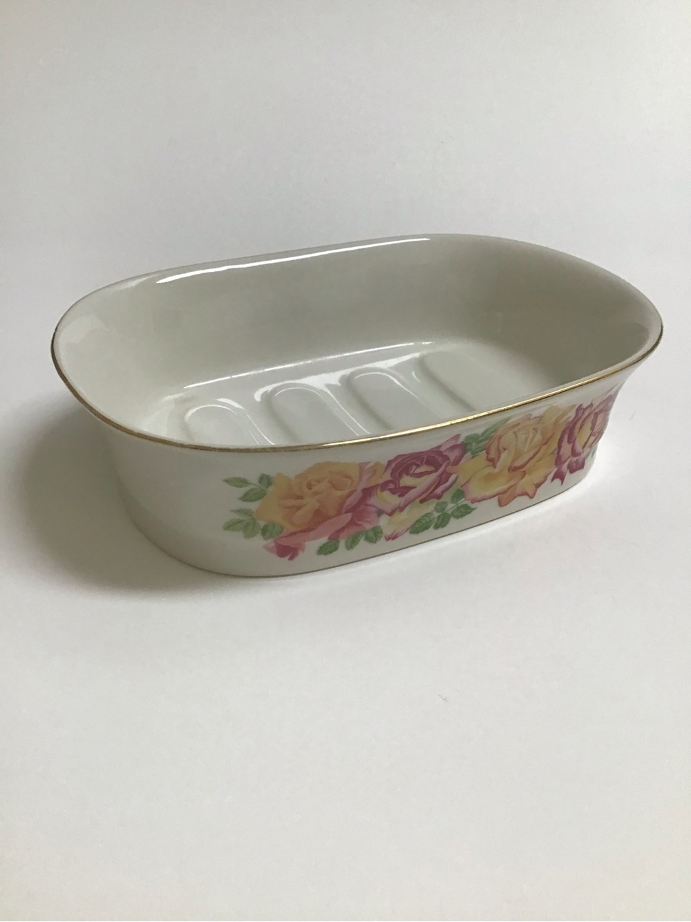 Roses Porcelain Soap Dish Oval Gold Rim Japan Yellow Purple Floral Vintage EUC